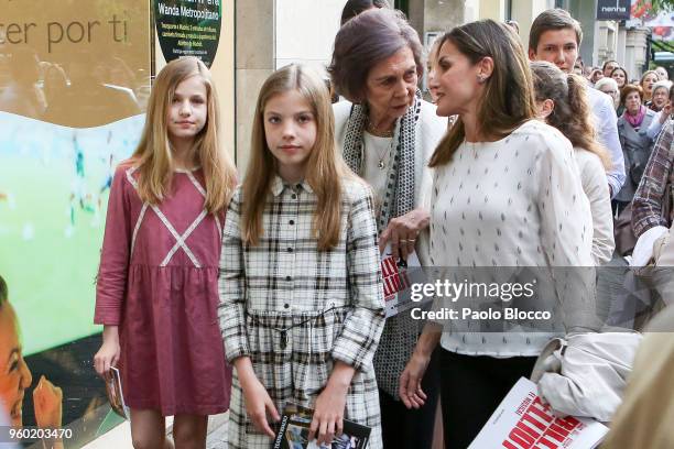 Queen Sofia , Princess Sofia of Spain , Queen Letizia of Spain and Princess Leonor of Spain are seen after going to see the 'Billy Elliot' theatre...