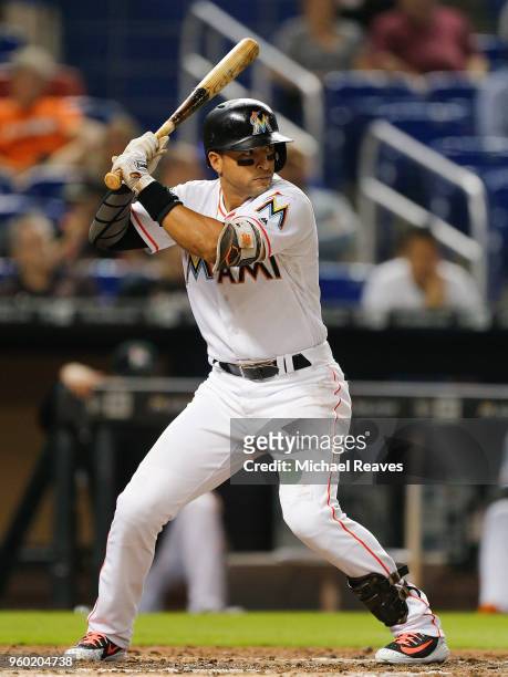 Martin Prado of the Miami Marlins in action against the Los Angeles Dodgers at Marlins Park on May 17, 2018 in Miami, Florida.