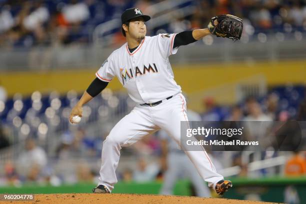 Junichi Tazawa of the Miami Marlins in action against the Los Angeles Dodgers at Marlins Park on May 17, 2018 in Miami, Florida.