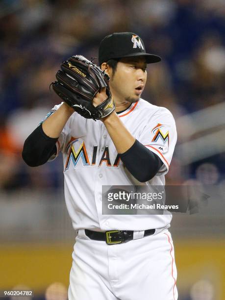 Junichi Tazawa of the Miami Marlins in action against the Los Angeles Dodgers at Marlins Park on May 17, 2018 in Miami, Florida.