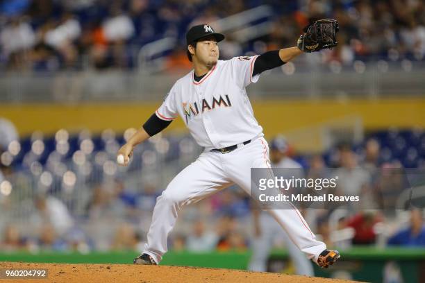 Junichi Tazawa of the Miami Marlins in action against the Los Angeles Dodgers at Marlins Park on May 17, 2018 in Miami, Florida.