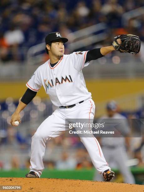 Junichi Tazawa of the Miami Marlins in action against the Los Angeles Dodgers at Marlins Park on May 17, 2018 in Miami, Florida.