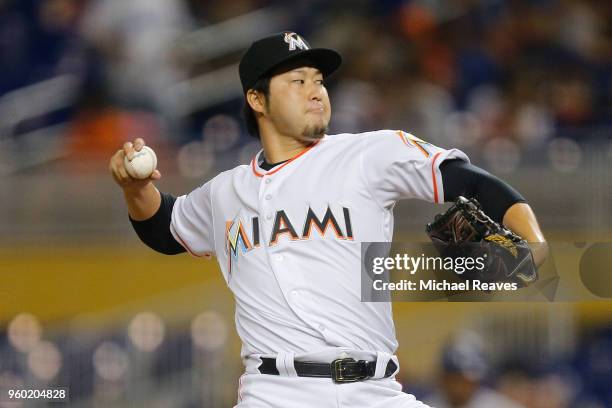 Junichi Tazawa of the Miami Marlins in action against the Los Angeles Dodgers at Marlins Park on May 17, 2018 in Miami, Florida.