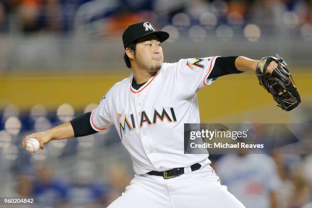 Junichi Tazawa of the Miami Marlins in action against the Los Angeles Dodgers at Marlins Park on May 17, 2018 in Miami, Florida.