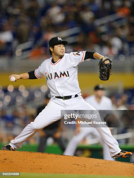 Junichi Tazawa of the Miami Marlins in action against the Los Angeles Dodgers at Marlins Park on May 17, 2018 in Miami, Florida.