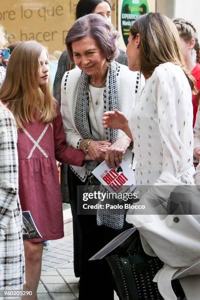 Queen Sofia , Princess Sofia of Spain and Queen Letizia of Spain are seen after going to see the 'Billy Elliot' theatre play on May 19, 2018 in...