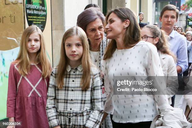 Queen Sofia , Princess Sofia of Spain , Queen Letizia of Spain and Princess Leonor of Spain are seen after going to see the 'Billy Elliot' theatre...