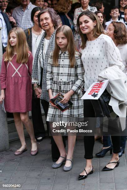 Queen Sofia , Princess Sofia of Spain , Queen Letizia of Spain and Princess Leonor of Spain are seen after going to see the 'Billy Elliot' theatre...