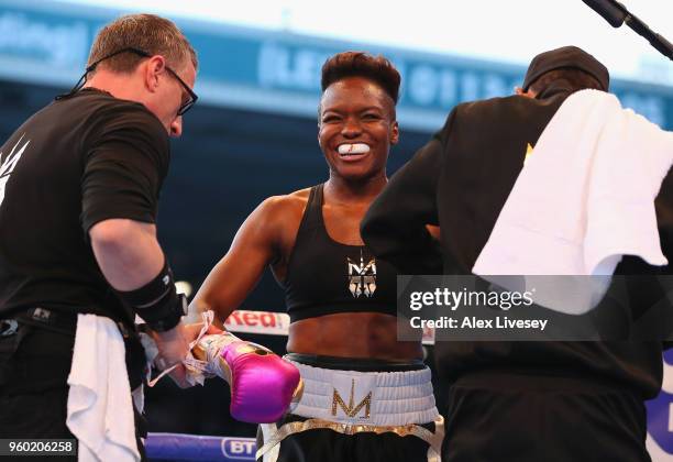 Nicola Adams looks on after stopping Soledad Del Valle Frais to win the International Flyweight Contest at Elland Road on May 19, 2018 in Leeds,...