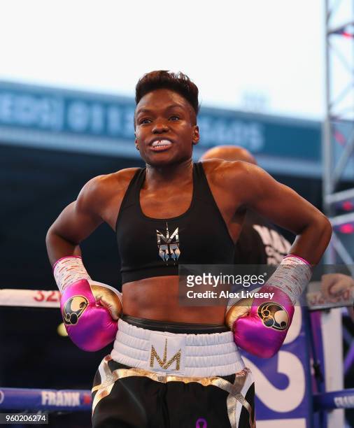 Nicola Adams looks on after stopping Soledad Del Valle Frais to win the International Flyweight Contest at Elland Road on May 19, 2018 in Leeds,...