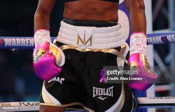 Nicola Adams pink boxing gloves are seen prior to her fight against Soledad Del Valle Frais in the International Flyweight Contest at Elland Road on...