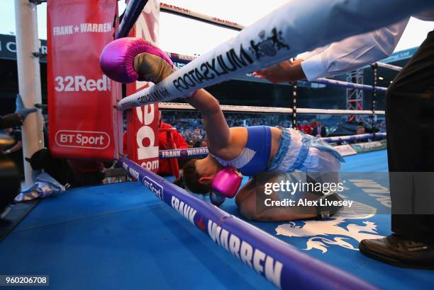 Soledad Del Valle Frais lies on the canvas after being stopped by Nicola Adams in the first round of the International Flyweight Contest at Elland...
