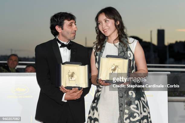 Actor Marcello Fonte poses with the Best Actor award for his role in 'Dogman' with Actress Samal Yeslyamova poses with the Best Actress award for her...