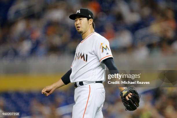 Junichi Tazawa of the Miami Marlins in action against the Los Angeles Dodgers at Marlins Park on May 17, 2018 in Miami, Florida.