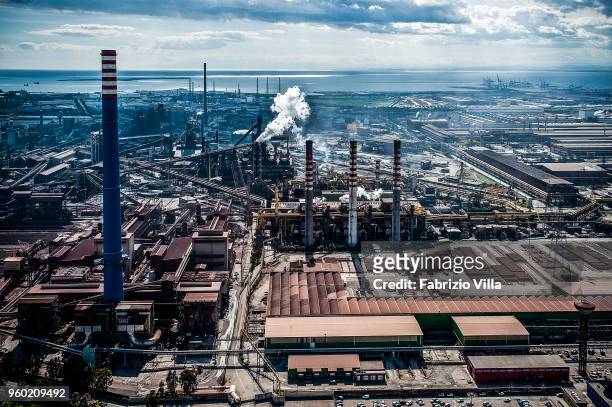 Aerial view of the steelworks Ilva Taranto on April 9, 2013 in Taranto, Italy. The system causes a strong environmental pollution and is seized by...