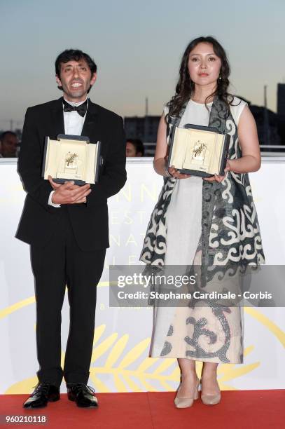 Actor Marcello Fonte poses with the Best Actor award for his role in 'Dogman' with Actress Samal Yeslyamova poses with the Best Actress award for her...