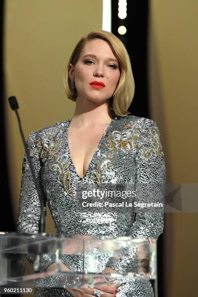 Jury member Lea Seydoux is seen on stage during the closing ceremony of the 71st annual Cannes Film Festival at Palais des Festivals on May 19, 2018...