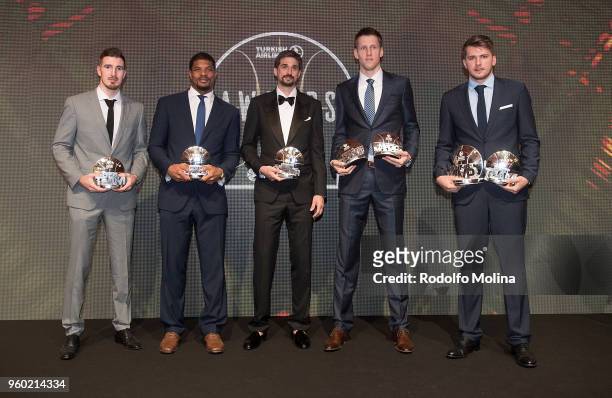 All first team prize First Team players Nando de Colo; Kyle Hines; Alexey Shved; Jan Veselj and Luka Doncic poses during the 2017-18 Turkish Airlines...