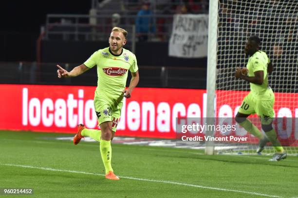 Flavien Tait of Angers celebrates his goal during the Ligue 1 match between Dijon FCO and Angers SCO at Stade Gaston Gerard on May 19, 2018 in Dijon,...