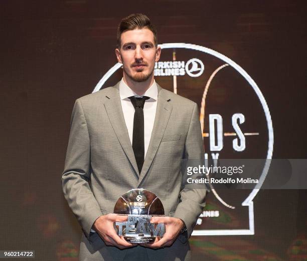Nando de Colo, #1 of CSKA Moscow poses with First Team Award during the 2017-18 Turkish Airlines EuroLeague Awards Ceremony at Palace of Serbia on...