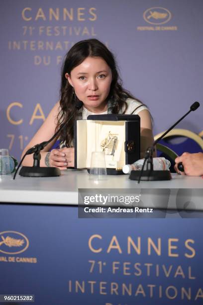 Actress Samal Yeslyamova winner of the Best Actress award for her role in 'Ayka' attends the press conference for the Palme D'Or Winner during the...