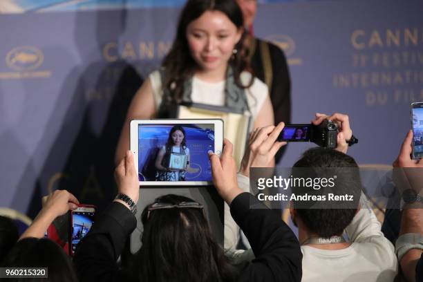 Actress Samal Yeslyamova winner of the Best Actress award for her role in 'Ayka' attends the press conference for the Palme D'Or Winner during the...