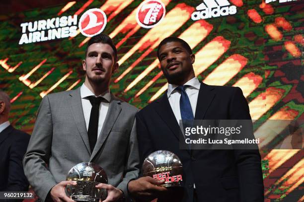 Nando de Colo and Kyle Hines during the 2018 Turkish Airlines EuroLeague F4 Championship Game Press Conference at Stark Arena on May 19, 2018 in...