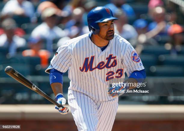 Adrian Gonzalez of the New York Mets in action against the Atlanta Braves at Citi Field on May 3, 2018 in the Flushing neighborhood of the Queens...