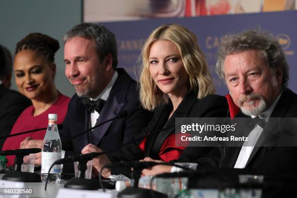 Jury members Ava DuVernay, Denis Villeneuve, jury president Cate Blanchett and jury member Robert Guediguia attend the press conference for the Jury...