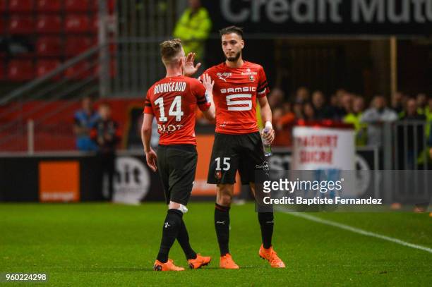 Benjamin Bourigeaud and Rami Amir Selmane Bensebaini of Rennes during the Ligue 1 match between Stade Rennes and Montpellier Herault SC at Roazhon...