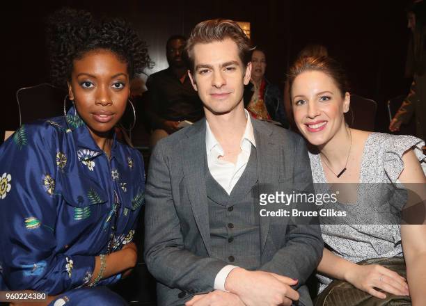 Condola Rashad, Andrew Garfield and Jessie Mueller pose at The 2018 Drama League Awards at The Marriott Marquis Times Square on May 18, 2018 in New...