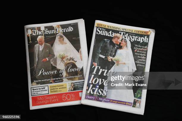 Front covers onThe Sun Herald and the Sunday Telegraph are seen following the Royal Wedding on May 20, 2018 in Sydney, Australia. Prince Harry and...