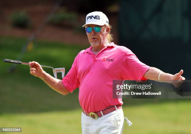 Miguel Angel Jimenez of Spain reacts on the 16th green during the third round of the Regions Tradition at Greystone Golf & Country Club on May 19,...