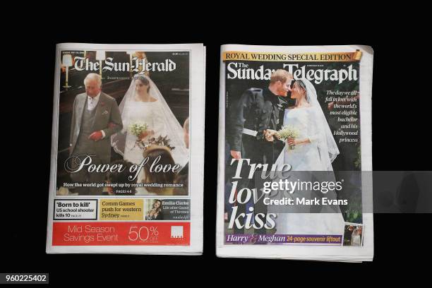Front covers on The Sun Herald and the Sunday Telegraph are seen following the Royal Wedding on May 20, 2018 in Sydney, Australia. Prince Harry and...