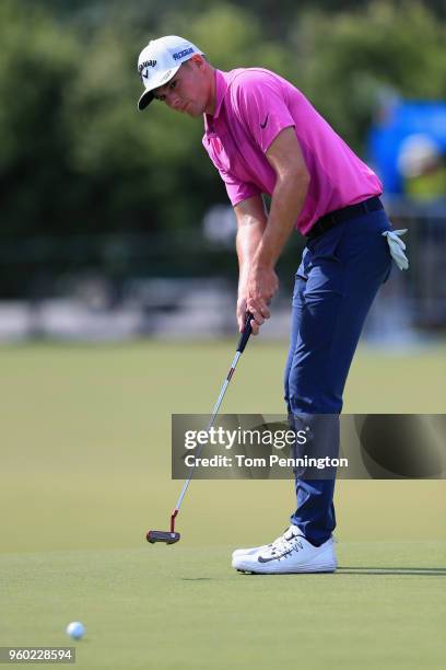 Aaron Wise attempts a putt on the 18th green during the third round of the AT&T Byron Nelson at Trinity Forest Golf Club on May 19, 2018 in Dallas,...