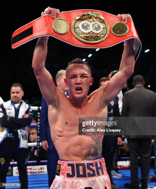 Josh Warrington celebrates victory over Lee Selby in the IBF Featherweight Championship fight at Elland Road on May 19, 2018 in Leeds, England.