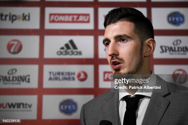 Nando De Colo, first team player award is interviewed during the 2017-18 Turkish Airlines EuroLeague Awards Ceremony at Palace of Serbia on May 19,...