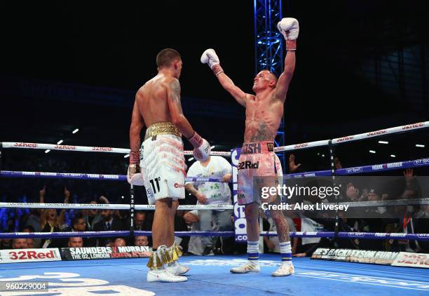 Josh Warrington celebrates victory over Lee Selby in the IBF Featherweight Championship fight at Elland Road on May 19, 2018 in Leeds, England.