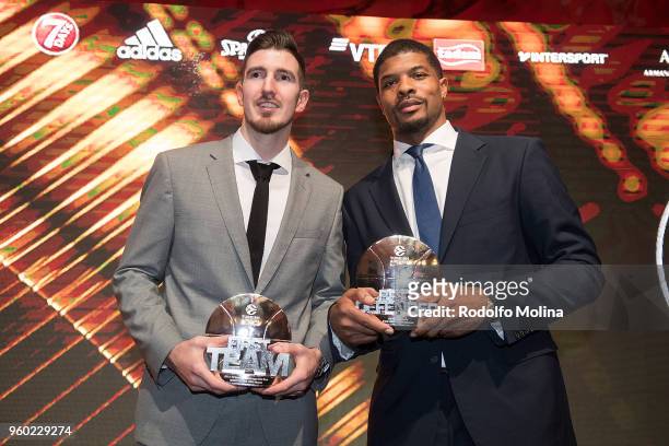 Nando de Colo, First Team player and Kyle Hines, Best Defender of the Season poses during the 2017-18 Turkish Airlines EuroLeague Awards Ceremony at...