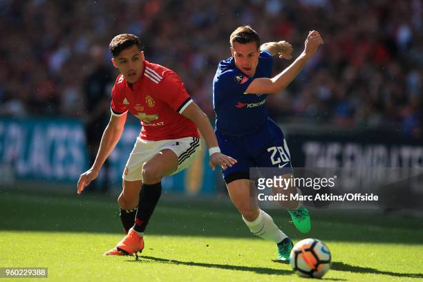 Alexis Sanchez of Manchester United in action with Cesar Azpilicueta of Chelsea during The Emirates FA Cup Final between Chelsea and Manchester...