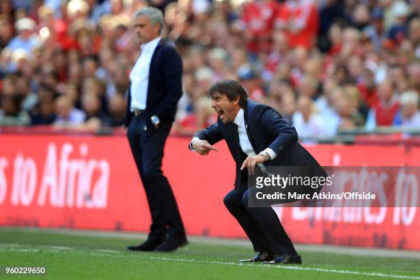 Antonio Conte manager of Chelsea alongside Jose Mourinho manager of Manchester United during The Emirates FA Cup Final between Chelsea and Manchester...
