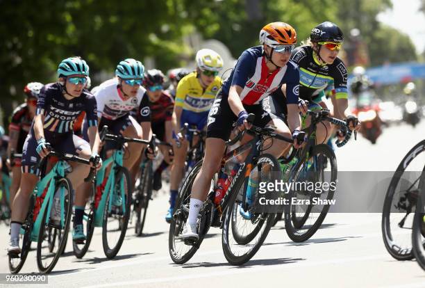Megan Guarnier of the United States riding for USA Cycling National Team goes around a turn during Stage 3 of the Amgen Tour of California Women's...