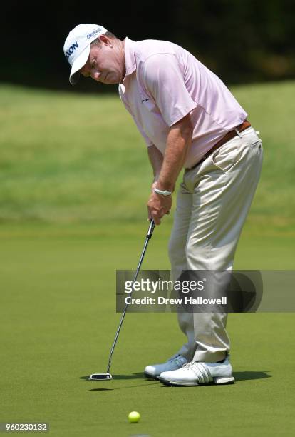 Joe Durant of the United States putts on the fifth hole during the third round of the Regions Tradition at Greystone Golf & Country Club on May 19,...