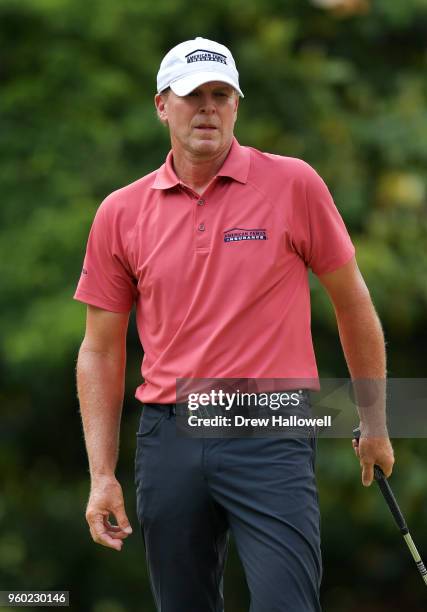 Steve Stricker of the United States watches his putt on the 15th green during the third round of the Regions Tradition at Greystone Golf & Country...