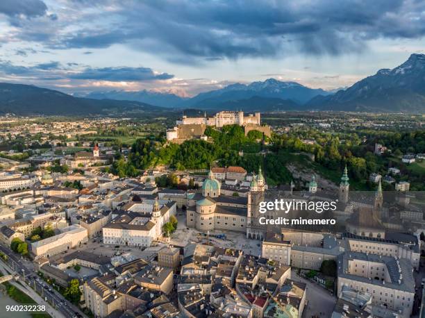 aerial view of old salzburg - rio salzach imagens e fotografias de stock