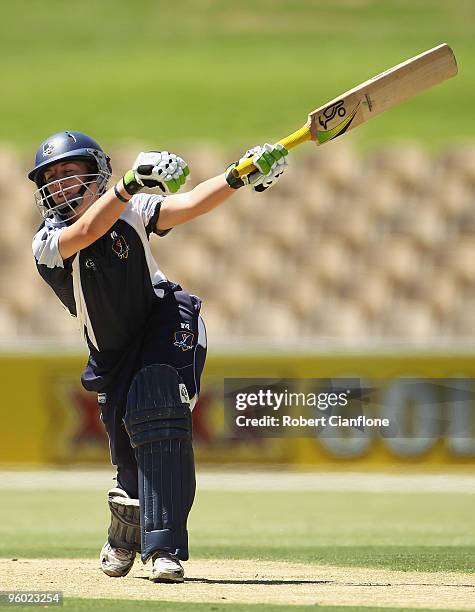 Meg Lanning of the Spirit bats during the women's Twenty20 Big Bash match between the Victorian Spirit and the NSW Breakers at Adelaide Oval on...