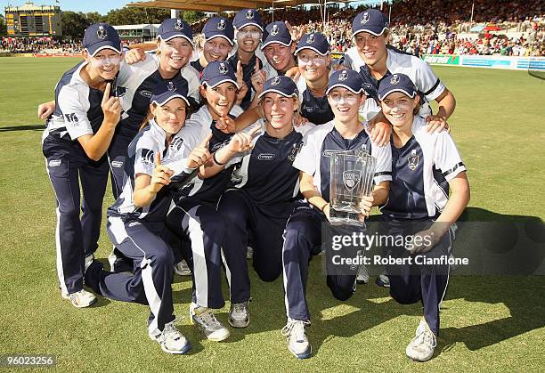 The Spirit pose after defeating the Breakers in women's Twenty20 Big Bash match between the Victorian Spirit and the NSW Breakers at Adelaide Oval on...