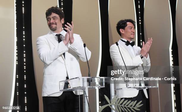 Actor and President of the Un Certain Regard jury Benicio Del Toro and Taiwanese actor and member of the Feature Film Jury Chang Chen on stage during...