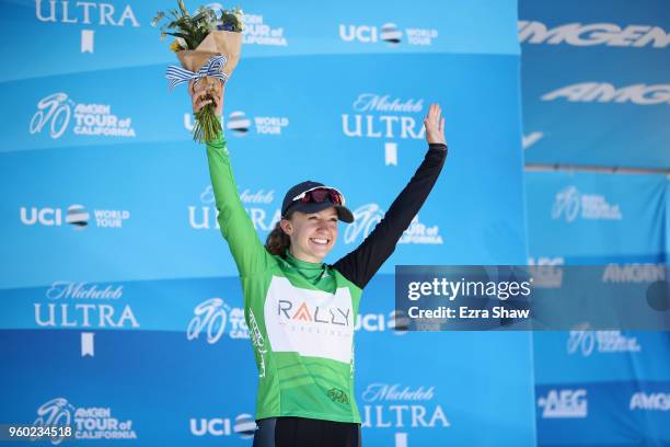 Emma White of the United States riding for Rally Cycling celebrates after winning the sprint leader jersey for the Amgen Tour of California Women's...