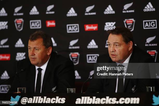 All Blacks assistant coach Ian Foster and head coach Steve Hansen speak during the New Zealand All Blacks squad announcement on May 20, 2018 in...